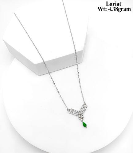 Polished Silver Tone Green Drop Lariat Geometric Pendant Necklace