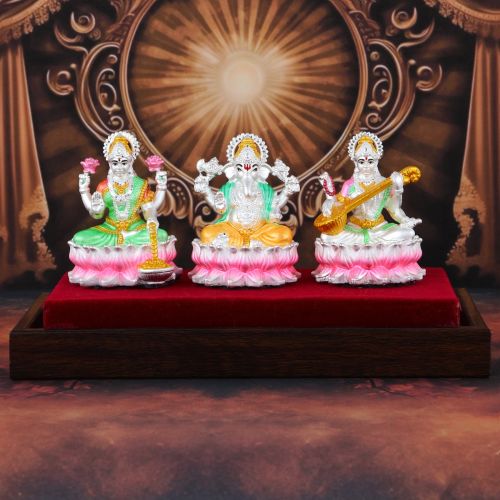 Lakshmi Ganesha & Saraswati Lotus Seated Combo Statue