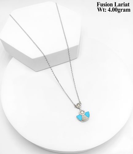 Polished Silver Alloy Turquoise Fan Pendant Fusion Lariat Necklace