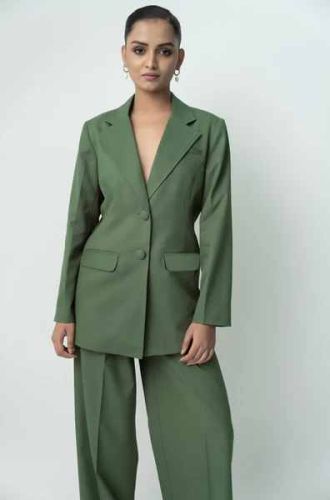 Solid Polyester Classic Women Two Piece Office Suit