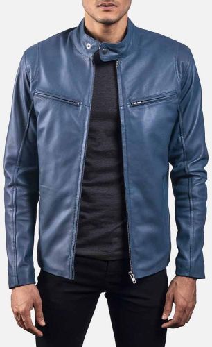 Blue Cropped Men’S Leather Coat