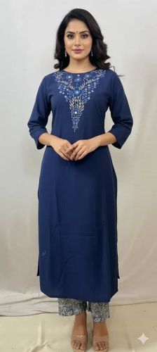 Cotton Navy Blue Embroidered Kurti Set for Casual, Partywear