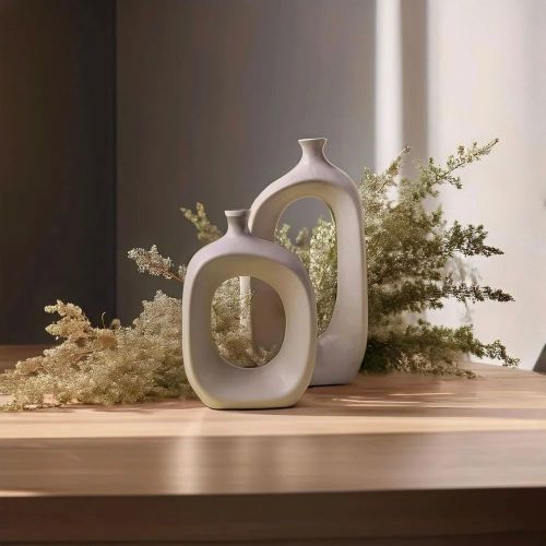 Plain Polished Ceramic Hollow Square Vase Set, Color : White