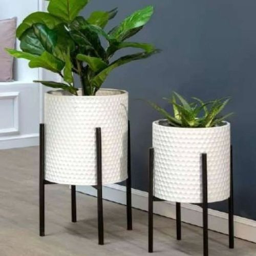 Hammered Polished Ceramic Standing Planter Set, Color : White