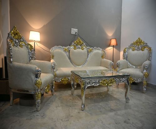 99.9 Silver Cream Upholstery Ornate Living Room Set