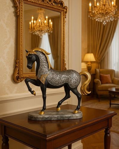 99.9 Silver Gloss Black Gold Mane Horse Sculpture