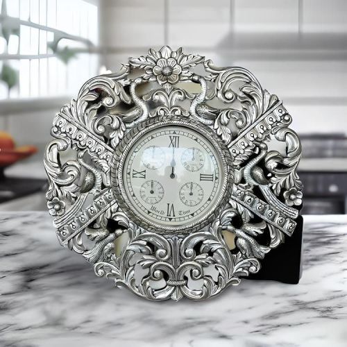 99.9 Silver Ornate Peacock Roman Dial Table Clock
