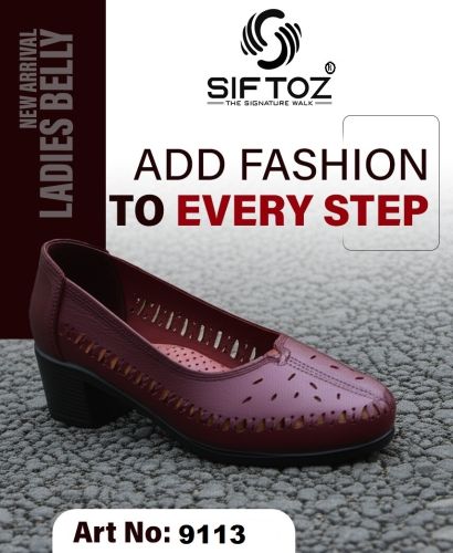 Genuine Leather Ladies Maroon Block Heel Belly Shoes