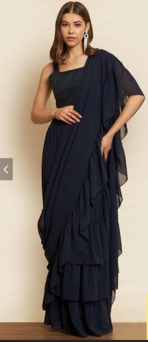 Solid Blue Georgette Silk Blend Saree, Saree Length : 6.3 Meter