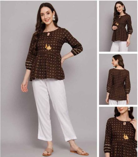 Coffee Printed Rayon Top for Casual, Packaging Type : Plastic Bag