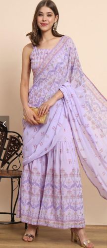 Lavender Printed Georgette Saree for Casual, Partywear