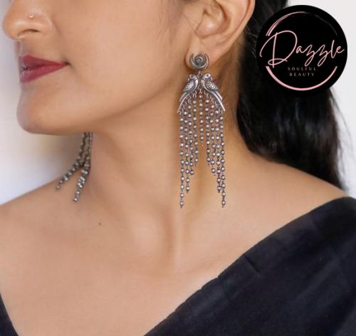 Oxidized Silver Alloy Ladies Bird Cascade Dome Drop Earpiece