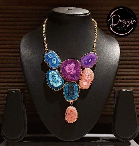 Ladies Multicolor Geode Slice Golden Statement Necklace