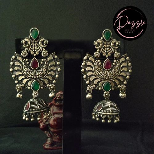 Oxidized Silver Alloy Ladies Red Green Dome Drop Earpiece