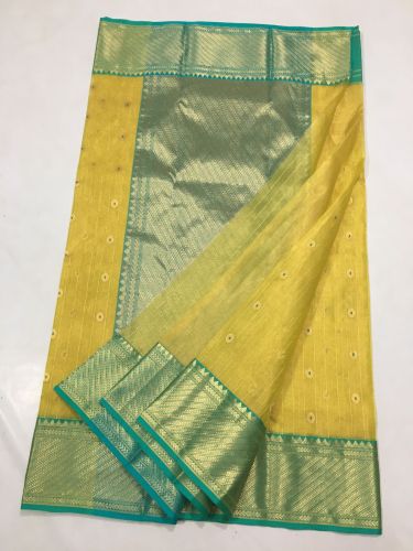 Pure Silk Zigzag Pallu Yellow Banarasi Saree