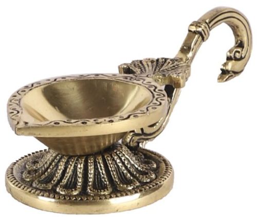 Polished Pure Brass Diya with Swan Handle, Color : Golden