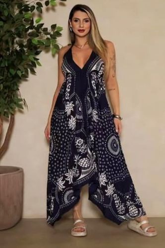 Blue Batik Printed Halter Top Scarf Dres