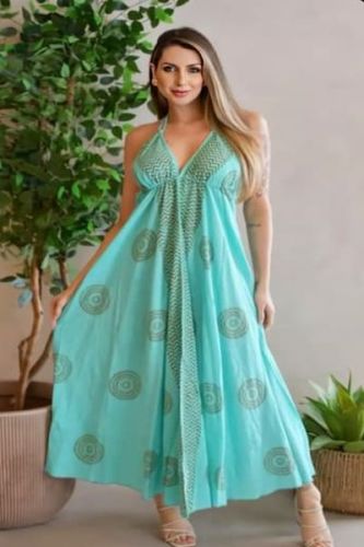 Casual Wear Light Green Printed Cotton V Neck Maxi Dress