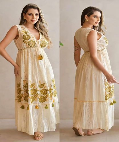 Floral Printed Cotton Maxi Dress, Color : Green