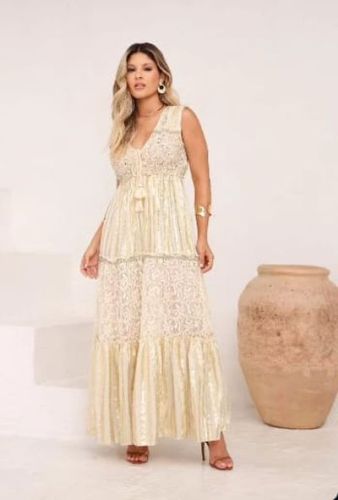 Handmade Cream Cotton Frill V Neck A-Line Maxi Dress