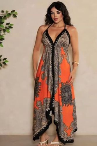 Ladies Black and Orange Printed Halter Neck Silk Handkerchief Dress