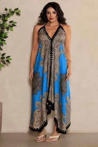 Ladies Black and Skye Blue Printed Halter Neck Silk Handkerchief Dress