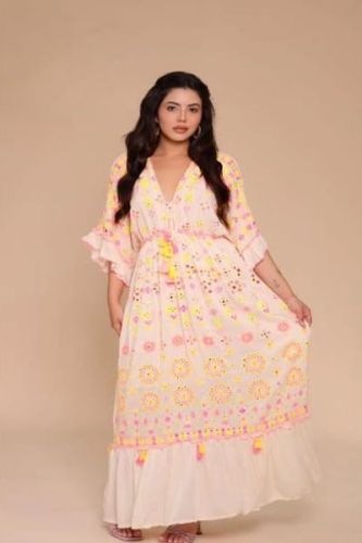 Ladies Cotton Printed V Neck A-Line Maxi Dress