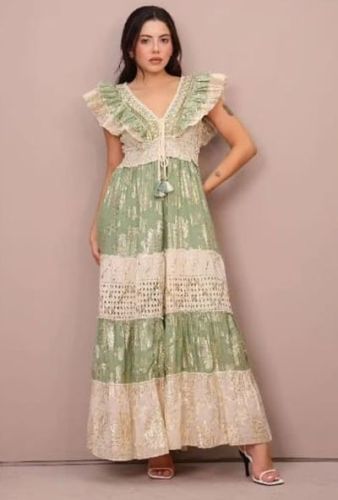 Ladies Cream and Green Cotton Frill Sleeveless A-Line Maxi Dress