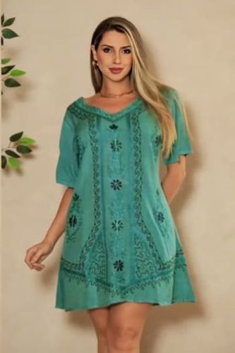 Ladies Light Green Floral Georgette A-Line Short Dress