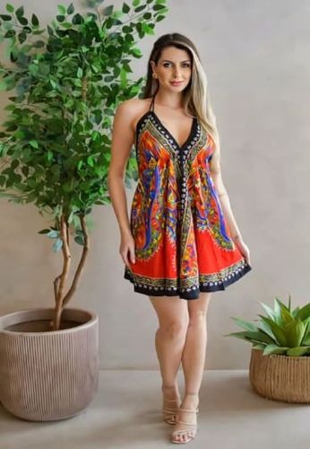 Ladies Red Printed Poly Cotton Halter Neck Short Dress