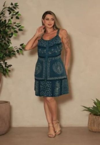 Ladies Sea Green Embroidered Cotton V Neck Short Dress