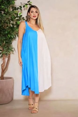 Sky Blue and White Double Tone Cotton V Neck A-Line Midi Dress