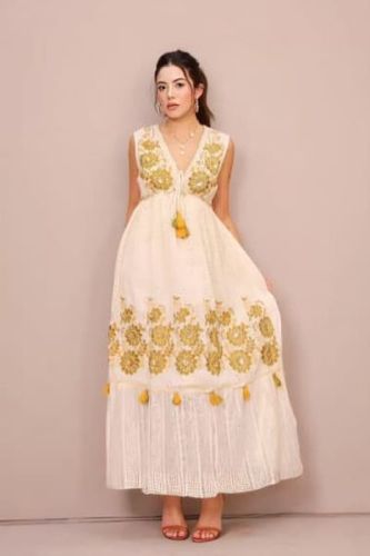 White and Green Floral Printed V Neck Cotton A-Line Maxi Dress