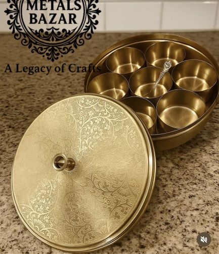 Pure Brass Embossed Spice Box, Brand Name : Metals Bazar