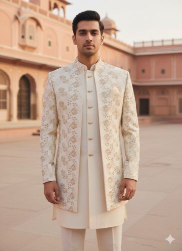 Printed Silk Cream Men Wedding Sherwani Medium, Large