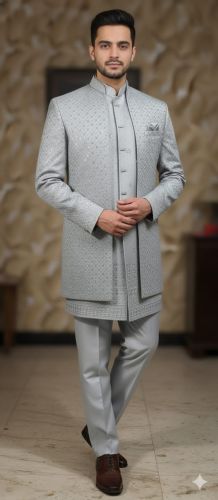Grey Shrug Satin 13 Men Wedding Sherwani