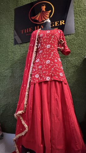 Wedding Wear Silk Designer Sharara Suit, Color : Red
