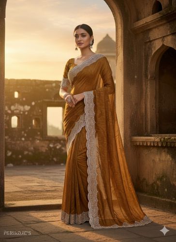 Net Diamond Work Gold Fancy Twill Saree, Saree Length : 6.3 Meter