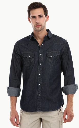 Men Casual Snap Button Denim Shirt