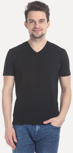 Men V Neck Slight Stretch Solid T- Shirt