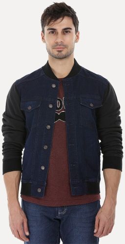 Mens Knitted Sleeves Bomber Denim Jacket