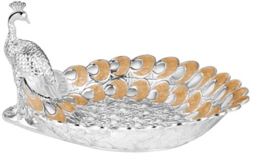 Silver-plated Platter with Peacock Half Pastel Peach, Shape : Round