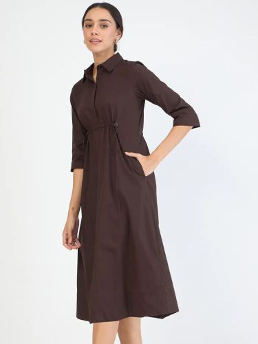 Coffee Brown Poplin Cinched Waist Midi Dress