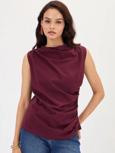 Wine Cotton Knit Ruching Detail Top Casual Wear