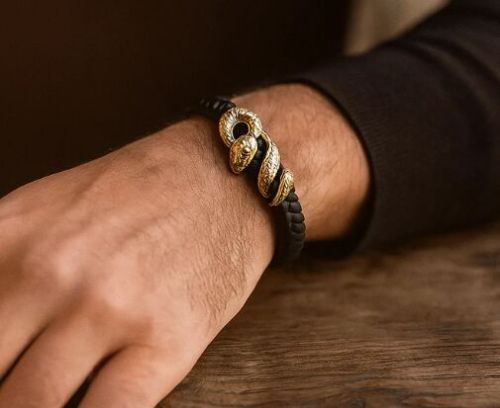Gentlemens Draft Men’S Black Braided Bracelet with Gold Snake Design