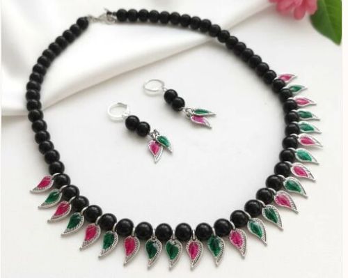 Saaj Black Beads Mango Motif Necklace, Color : Pink, Green