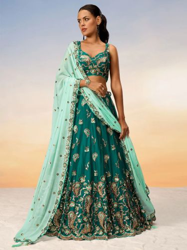 Green Pure Georgette Heavy Sequins Embroidery Semi-stitched Lehenga Choli