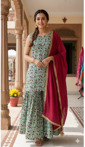 Festive Wear Cotton Printed Sharara Suit Set