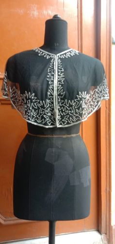 Silk Handmade Black Embroidered Cropped Cape Top, Top Style : Short