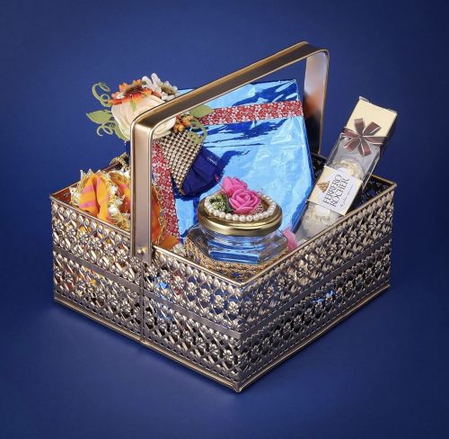 Decorative Golden Gift Hamper Basket with Handle